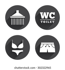 Swimming pool icons. Shower water drops and swimwear symbols. WC Toilet sign. Trunks and women underwear. Circles buttons with long flat shadow. Vector