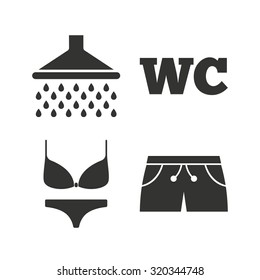 Swimming pool icons. Shower water drops and swimwear symbols. WC Toilet sign. Trunks and women underwear. Flat icons on white. Vector