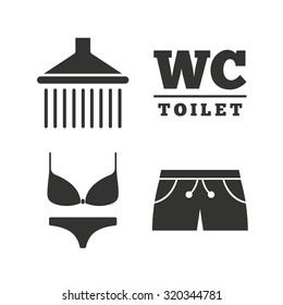 Swimming pool icons. Shower water drops and swimwear symbols. WC Toilet sign. Trunks and women underwear. Flat icons on white. Vector