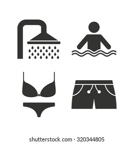 Swimming pool icons. Shower water drops and swimwear symbols. Human stands in sea waves sign. Trunks and women underwear. Flat icons on white. Vector