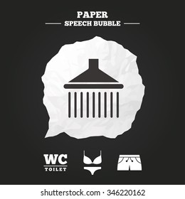 Swimming pool icons. Shower water drops and swimwear symbols. WC Toilet sign. Trunks and women underwear. Paper speech bubble with icon.