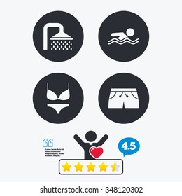 Swimming pool icons. Shower water drops and swimwear symbols. Human swims in sea waves sign. Trunks and women underwear. Star vote ranking. Client like and think bubble. Quotes with message.