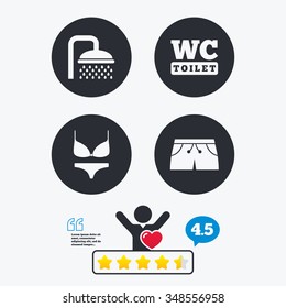 Swimming pool icons. Shower water drops and swimwear symbols. WC Toilet sign. Trunks and women underwear. Star vote ranking. Client like and think bubble. Quotes with message.