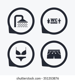 Swimming pool icons. Shower water drops and swimwear symbols. WC Toilet sign. Trunks and women underwear. Flat icon pointers.