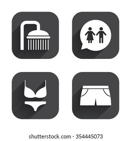 Swimming pool icons. Shower water drops and swimwear symbols. WC Toilet speech bubble sign. Trunks and women underwear. Square flat buttons with long shadow.