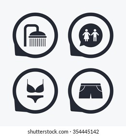 Swimming pool icons. Shower water drops and swimwear symbols. WC Toilet speech bubble sign. Trunks and women underwear. Flat icon pointers.