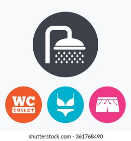 Swimming pool icons. Shower water drops and swimwear symbols. WC Toilet sign. Trunks and women underwear. Circle flat buttons with icon.