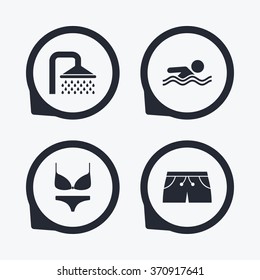 Swimming pool icons. Shower water drops and swimwear symbols. Human swims in sea waves sign. Trunks and women underwear. Flat icon pointers.