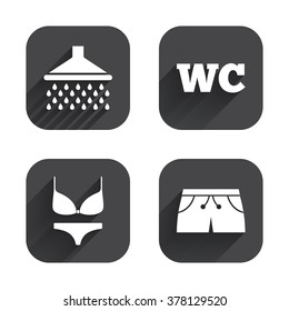 Swimming pool icons. Shower water drops and swimwear symbols. WC Toilet sign. Trunks and women underwear. Square flat buttons with long shadow.