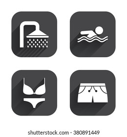 Swimming pool icons. Shower water drops and swimwear symbols. Human swims in sea waves sign. Trunks and women underwear. Square flat buttons with long shadow.