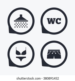 Swimming pool icons. Shower water drops and swimwear symbols. WC Toilet sign. Trunks and women underwear. Flat icon pointers.