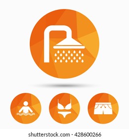 Swimming pool icons. Shower water drops and swimwear symbols. Human stands in sea waves sign. Trunks and women underwear. Triangular low poly buttons with shadow. Vector
