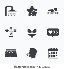 Swimming pool icons. Shower water drops and swimwear symbols. Human swims in sea waves sign. Trunks and women underwear. Flat talking head, calendar icons. Stars, like counter icons. Vector