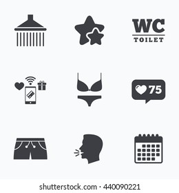 Swimming pool icons. Shower water drops and swimwear symbols. WC Toilet sign. Trunks and women underwear. Flat talking head, calendar icons. Stars, like counter icons. Vector