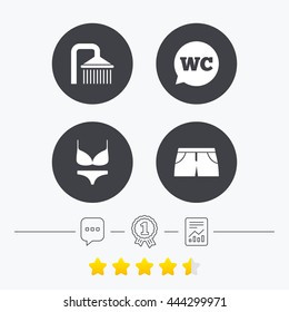 Swimming pool icons. Shower water drops and swimwear symbols. WC Toilet speech bubble sign. Trunks and women underwear. Chat, award medal and report linear icons. Star vote ranking. Vector
