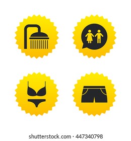 Swimming pool icons. Shower water drops and swimwear symbols. WC Toilet speech bubble sign. Trunks and women underwear. Yellow stars labels with flat icons. Vector