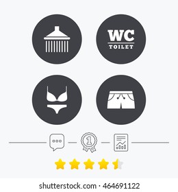 Swimming pool icons. Shower water drops and swimwear symbols. WC Toilet sign. Trunks and women underwear. Chat, award medal and report linear icons. Star vote ranking. Vector