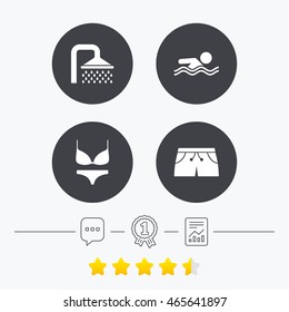 Swimming pool icons. Shower water drops and swimwear symbols. Human swims in sea waves sign. Trunks and women underwear. Chat, award medal and report linear icons. Star vote ranking. Vector