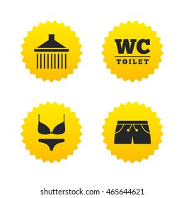 Swimming pool icons. Shower water drops and swimwear symbols. WC Toilet sign. Trunks and women underwear. Yellow stars labels with flat icons. Vector
