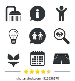 Swimming pool icons. Shower water drops and swimwear symbols. WC Toilet speech bubble sign. Trunks and women underwear. Information, light bulb and calendar. Investigate magnifier. Vector