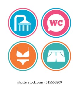 Swimming pool icons. Shower water drops and swimwear symbols. WC Toilet speech bubble sign. Trunks and women underwear. Colored circle buttons. Vector