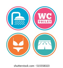 Swimming pool icons. Shower water drops and swimwear symbols. WC Toilet sign. Trunks and women underwear. Colored circle buttons. Vector