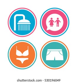 Swimming pool icons. Shower water drops and swimwear symbols. WC Toilet speech bubble sign. Trunks and women underwear. Colored circle buttons. Vector