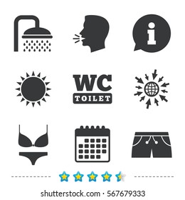 Swimming pool icons. Shower water drops and swimwear symbols. WC Toilet sign. Trunks and women underwear. Information, go to web and calendar icons. Sun and loud speak symbol. Vector