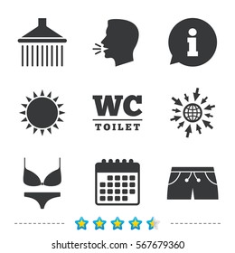 Swimming pool icons. Shower water drops and swimwear symbols. WC Toilet sign. Trunks and women underwear. Information, go to web and calendar icons. Sun and loud speak symbol. Vector
