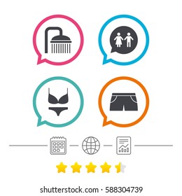 Swimming pool icons. Shower water drops and swimwear symbols. WC Toilet speech bubble sign. Trunks and women underwear. Calendar, internet globe and report linear icons. Star vote ranking. Vector