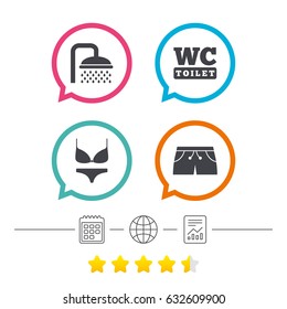Swimming pool icons. Shower water drops and swimwear symbols. WC Toilet sign. Trunks and women underwear. Calendar, internet globe and report linear icons. Star vote ranking. Vector