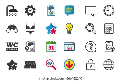 Swimming pool icons. Shower water drops and swimwear symbols. WC Toilet sign. Trunks and women underwear. Chat, Report and Calendar signs. Stars, Statistics and Download icons. Vector