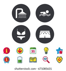 Swimming pool icons. Shower water drops and swimwear symbols. Human swims in sea waves sign. Trunks and women underwear. Calendar, Information and Download signs. Stars, Award and Book icons. Vector