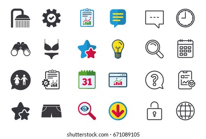 Swimming pool icons. Shower water drops and swimwear symbols. WC Toilet speech bubble sign. Trunks and women underwear. Chat, Report and Calendar signs. Stars, Statistics and Download icons. Vector
