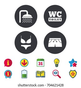 Swimming pool icons. Shower water drops and swimwear symbols. WC Toilet sign. Trunks and women underwear. Calendar, Information and Download signs. Stars, Award and Book icons. Vector