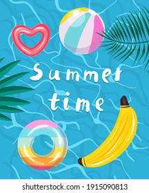 Swimming pool with inflatable colored toys. 
Pool party summer invitation poster concept with retro style vector illustration and creative typography. Vector illustration