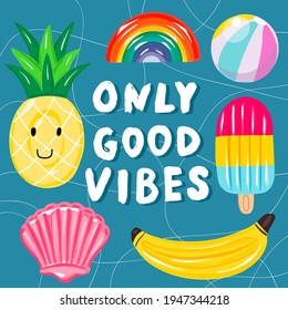 Swimming pool with inflatable colored toys. 
Pool party summer invitation poster concept with retro style vector illustration and creative typography. Vector illustration