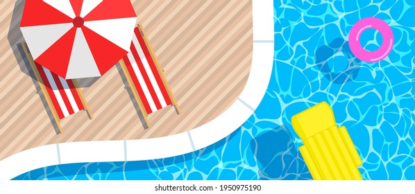 swimming pool inflatable  mattress and ring umbrella  loungers top view .summer vacation horizontal banner  vector illustration