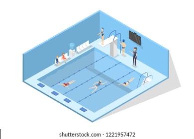 Swimming pool interior in school. Child learning to swim in swimsuit. Active exercise for health. Isolated vector isometric illustration