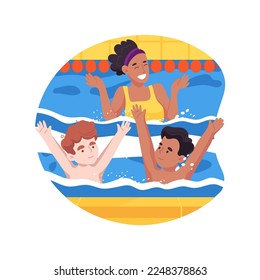 Ilustración vectorial de dibujos animados aislados en piscina. Actividad de rehabilitación, piscina inclusiva, ejercicio acuático para niños discapacitados, trastorno motriz, caricatura vectorial de guardería.