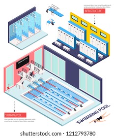 Swimming pool isometric composition with infrastructure symbols isolated vector illustration