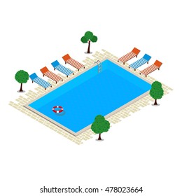 Swimming pool, Isometric concept design. Rest time. Vector design illustration