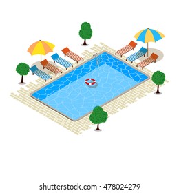 Swimming pool, Isometric concept design. Rest time. Vector design illustration