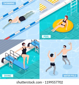 Swimming pool isometric concept icons set with diving and polo symbols isolated vector illustration