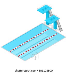 Swimming Pool Isometric View Indoors. Vector Illustration of tracks for athletes in the  Race lines and Jump Tubes, blue water for sport race isometric concept. 