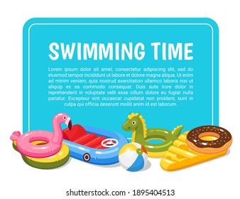 Swimming Pool Kids Cartoon Banner. Summer Holidays, Vacations On Coast Horizontal Poster. Float Ring, Inflatable Toys, Flamingos, Car, Dragon, Cheese, Doughnut, Ball Flyer. Vector Illustration.