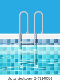 Swimming pool and ladder. Blue tiles and metal ladder. Holiday resort, spa, sport, rest, pool party. Vector illustration in flat style