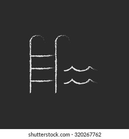 Swimming pool with ladder hand drawn in chalk on a blackboard vector white icon isolated on a black background.