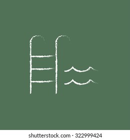Swimming pool with ladder hand drawn in chalk on a blackboard vector white icon isolated on a green background.