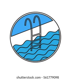 Swimming pool ladder icon. Stock vector illustration for fitness, resort logo with handrail and water waves.